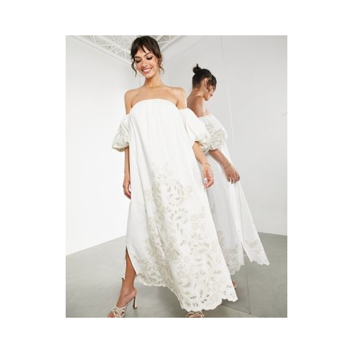 Платье миди цвета слоновой кости с открытыми плечами и вышивкой в тон ткани ASOS EDITION Белый