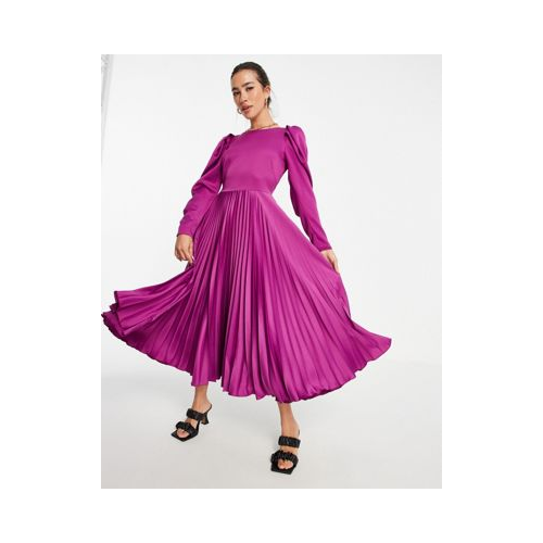 Платье миди ягодного цвета с объемными рукавами и плиссированной юбкой Closet London-Фиолетовый