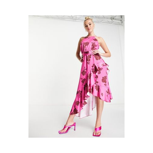 Платье миди ярко-розового цвета с цветочным принтом, запахом, оборками и завязкой Style Cheat-Розовый