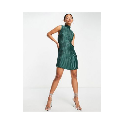 Платье мини из плиссированной атласной ткани с высоким воротником ASOS DESIGN-Зеленый цвет