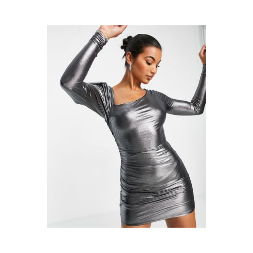 Платье мини серебристого оттенка с эффектом металлик, асимметричным открытым плечом и сборками ASOS DESIGN