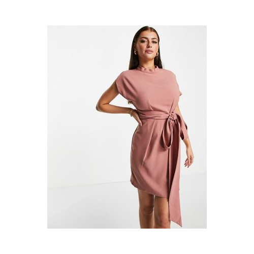 Платье мини с завязывающимся поясом на талии цвета розового золота Closet London-Розовый