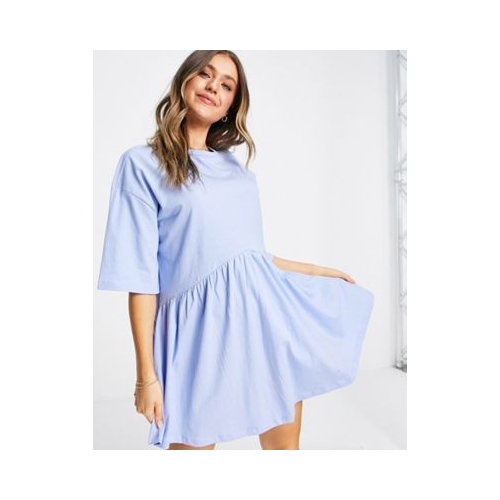 Платье мини в стиле oversized с присборенной юбкой и заниженной талией из ткани шамбре голубого цвета ASOS DESIGN