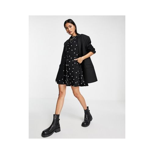 Платье мини в стиле oversized в горошек с присборенной юбкой и заниженной талией ASOS DESIGN-Черный цвет