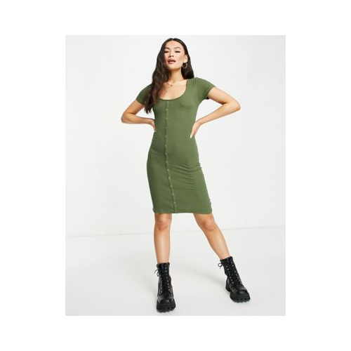 Платье-футболка мини цвета хаки на пуговицах Brave Soul-Зеленый