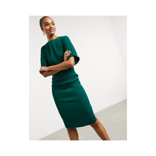 Платье-футляр изумрудно-зеленого цвета в рубчик с поясом Closet London