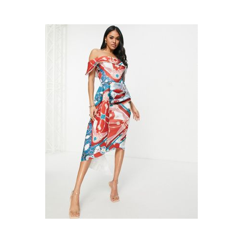 Платье-футляр с открытыми плечами, поясом и принтом ASOS DESIGN Разноцветный