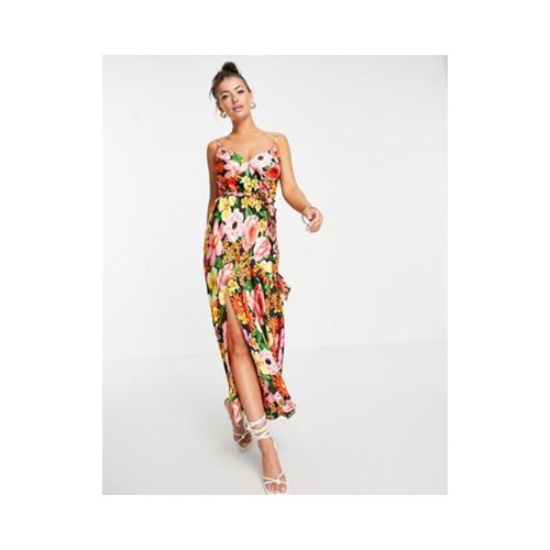 Платье-комбинация макси с плетеным косичкой поясом и цветочным принтом в стиле 70-х ASOS DESIGN Многоцветный