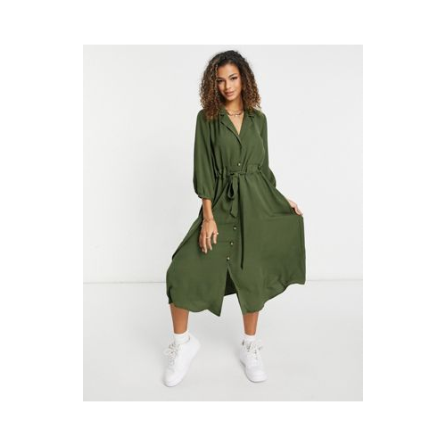 Платье-рубашка миди цвета хаки на пуговицах с присборенной талией ASOS DESIGN-Зеленый