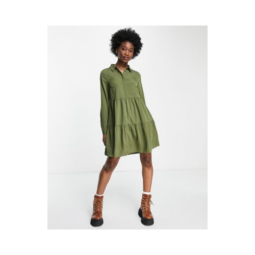 Платье-рубашка цвета зеленого мха с присборенной юбкой и длинными рукавами Pieces Franki-Зеленый