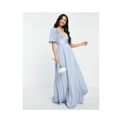Плиссированное платье макси голубого цвета с расклешенными рукавами и атласным поясом на талии ASOS DESIGN Bridesmaid