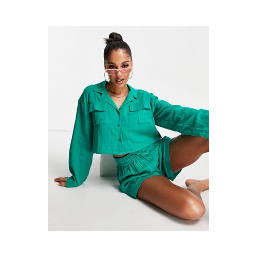 Пляжная oversized-рубашка с карманами изумрудно-зеленого цвета из двойной газовой ткани от комплекта ASOS DESIGN-Зеленый
