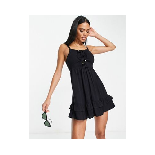 Пляжное платье мини черного цвета с присборенным лифом River Island