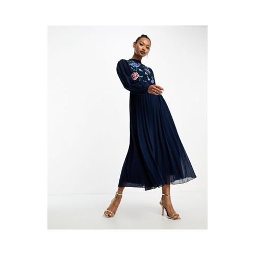 Приталенное плиссированное платье миди темно-синего цвета с высоким воротником, длинными рукавами и вышивкой ASOS DESIGN Темно-