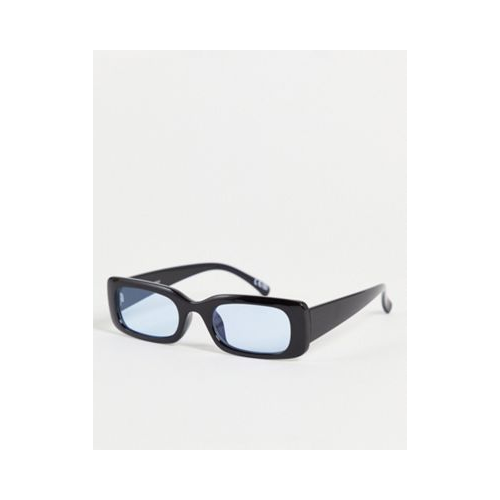 Прямоугольные солнцезащитные очки среднего размера в тонкой черной оправе с синими линзами ASOS DESIGN-Черный цвет