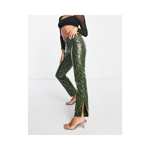 Прямые брюки из искусственной кожи зеленого цвета со змеиным принтом и заниженной талией ASOS DESIGN-Зеленый