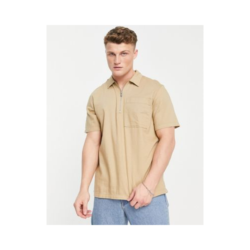 Рубашка песочного цвета с короткими рукавами и короткой молнией Selected Homme-Светло-бежевый