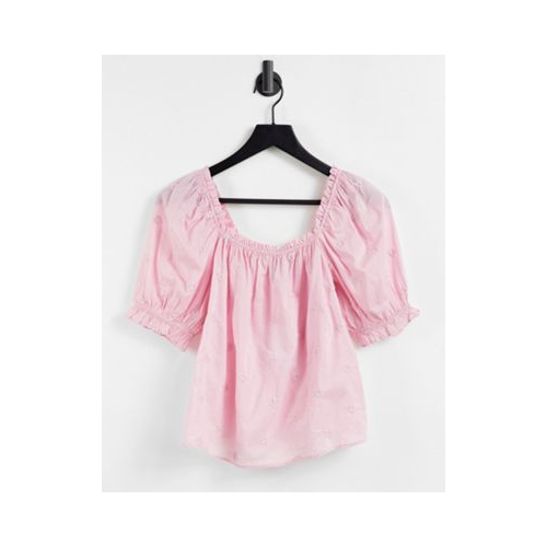 Розовая блузка из органического хлопка с вышивкой ришелье и квадратным вырезом & Other Stories-Розовый цвет