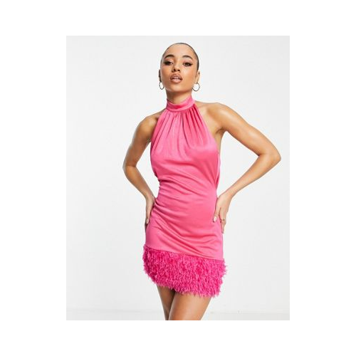 Розовое атласное платье мини с завязками на шее и отделкой из искусственных перьев ASOS DESIGN-Розовый цвет