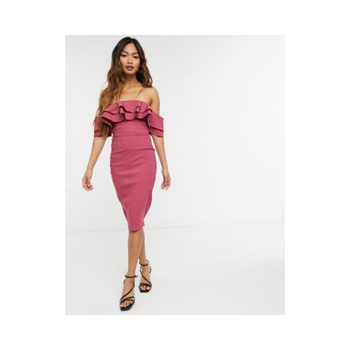 Розовое облегающее платье миди с открытыми плечами и оборками Vesper-Розовый цвет