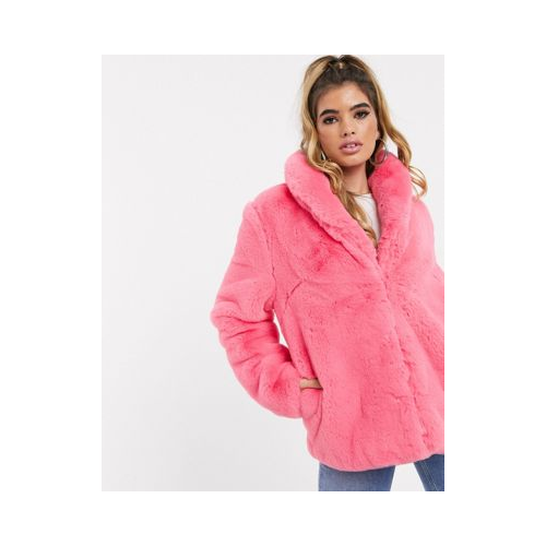 Розовое меховое oversize-пальто Missguided