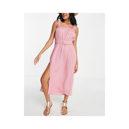 Розовое пляжное платье миди с ремнем и бретельками River Island-Розовый цвет