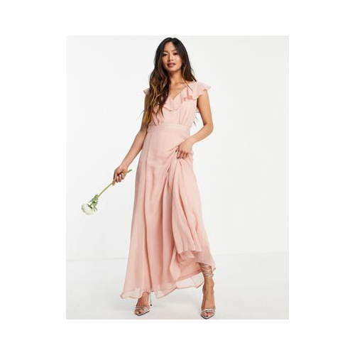 Розовое платье макси для подружки невесты с оборками Vila-Розовый цвет