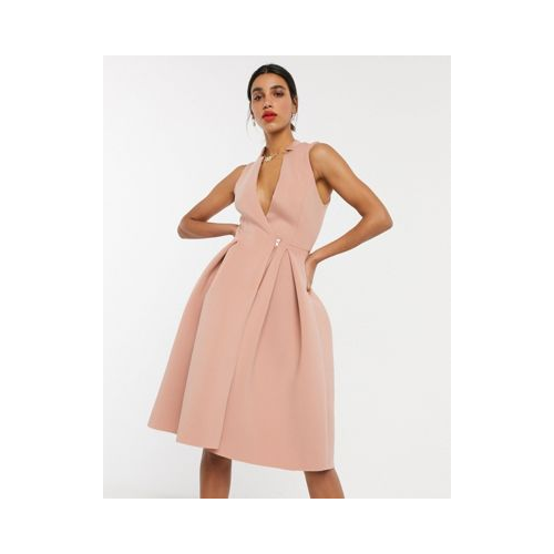 Розовое платье миди для выпускного в стиле смокинга с молнией ASOS DESIGN-Neutral