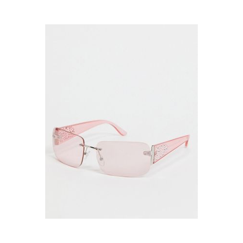 Розовые солнцезащитные очки прямоугольной формы без оправы с блестящей отделкой на заушниках ASOS DESIGN-Розовый цвет