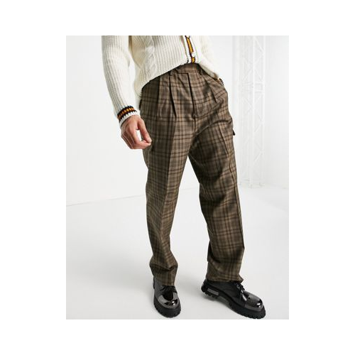 Строгие брюки в коричневую клетку с завышенной талией, широкими штанинами и карманами карго ASOS DESIGN-Коричневый цвет