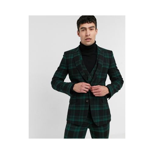Супероблегающий пиджак с добавлением шерсти в шотландскую клетку зеленого цвета ASOS DESIGN-Зеленый