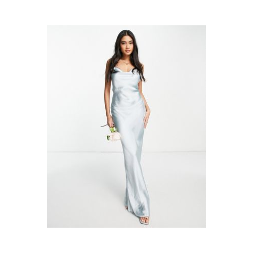 Свадебное платье-комбинация макси нежно-голубого цвета из блестящей атласной ткани на бретельках со шнуровкой на спине ASOS DESIGN Bridesmaid
