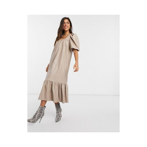 Светло-бежевое платье миди из искусственной кожи с квадратным вырезом ASOS DESIGN Белый