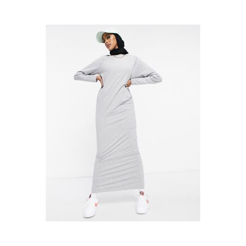 Серое меланжевое платье-футболка макси в стиле oversized с длинными рукавами и карманом ASOS DESIGN