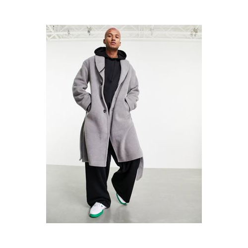 Серое удлиненное oversized-пальто с поясом из материала под шерсть ASOS DESIGN