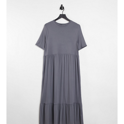 Серое ярусное платье-футболка миди с присборенной юбкой ASOS DESIGN Tall