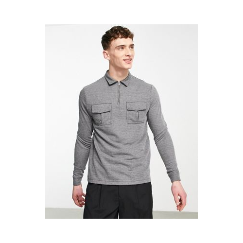Серая фактурная футболка-поло с длинными рукавами и карманами в строгом стиле ASOS DESIGN