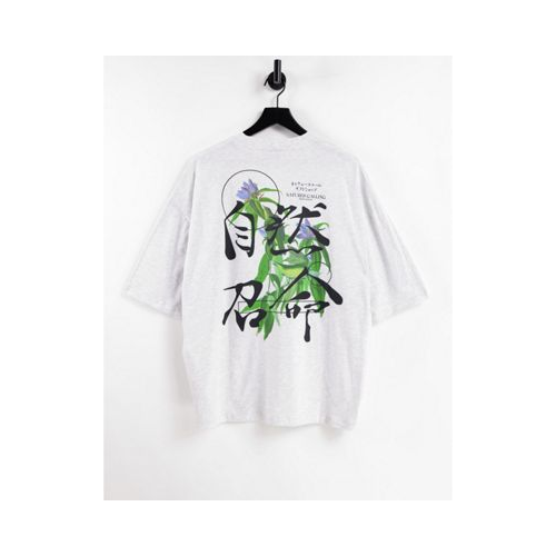 Серая меланжевая oversized-футболка из смесового органического хлопка с принтом птицы на спинке ASOS DESIGN
