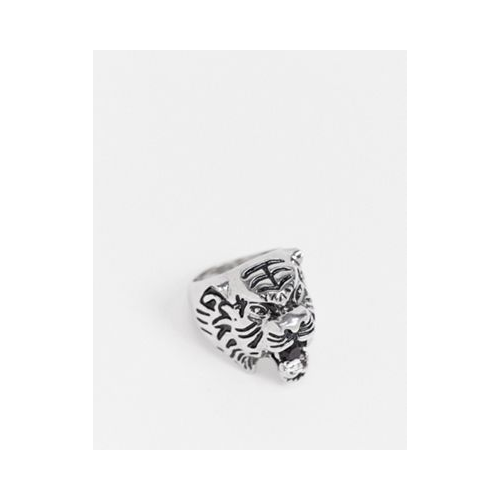 Серебристое кольцо с рельефной головой тигра Topshop