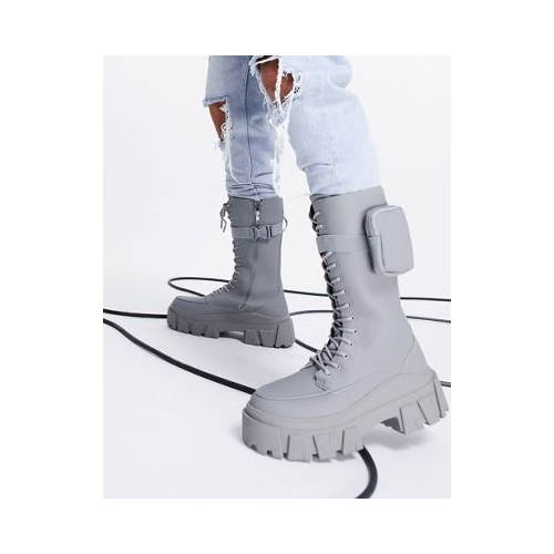 Серые высокие ботинки из искусственной кожи на массивной подошве со шнуровкой и карманами ASOS DESIGN