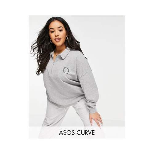 Серый меланжевый свитшот с воротником поло на короткой молнии и логотипом ASOS Weekend Collective Curve