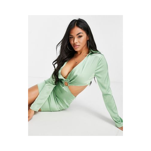 Шалфейно-зеленое атласное платье с глубоким вырезом NaaNaa-Зеленый цвет