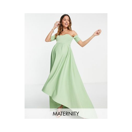 Шалфейно-зеленое платье со спущенными плечами и асимметричным подолом True Violet Maternity-Зеленый цвет