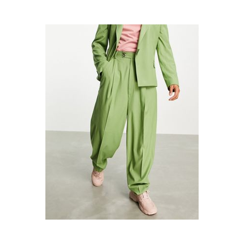 Широкие брюки из саржи цвета хаки с завышенной талией ASOS DESIGN-Зеленый