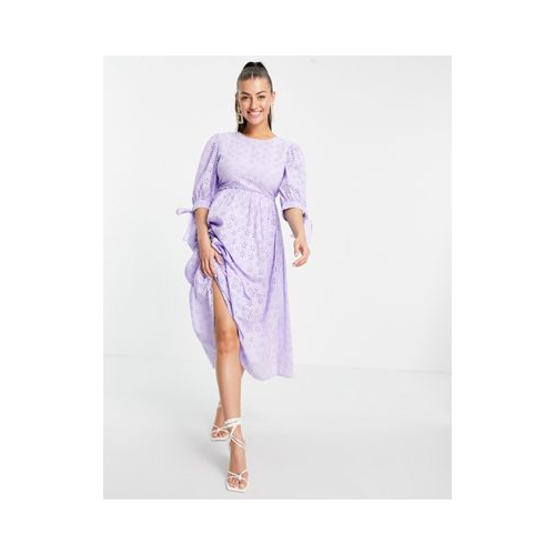 Сиреневое платье макси с присборенной юбкой, вышивкой ришелье и открытой спиной ASOS DESIGN-Фиолетовый цвет