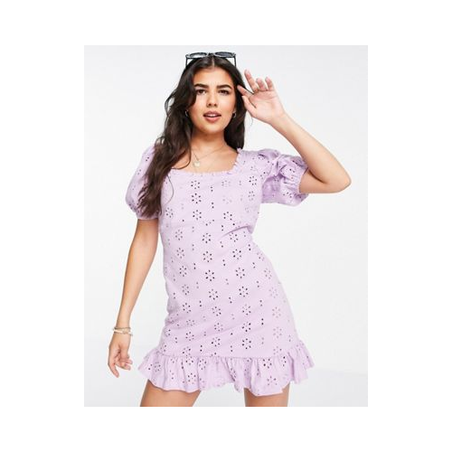 Сиреневое платье мини с вышивкой ришелье, квадратным вырезом и пышными рукавами ASOS DESIGN-Фиолетовый цвет