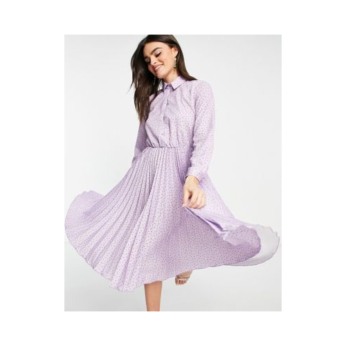Сиреневое плиссированное платье миди с блестящими пуговицами и узором в горошек Closet London-Фиолетовый цвет