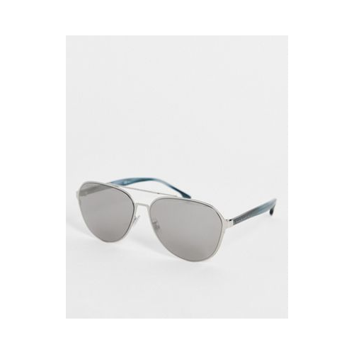 Солнцезащитные очки-авиаторы в узкой оправе серебристого цвета с зеркальной отделкой Hugo Boss