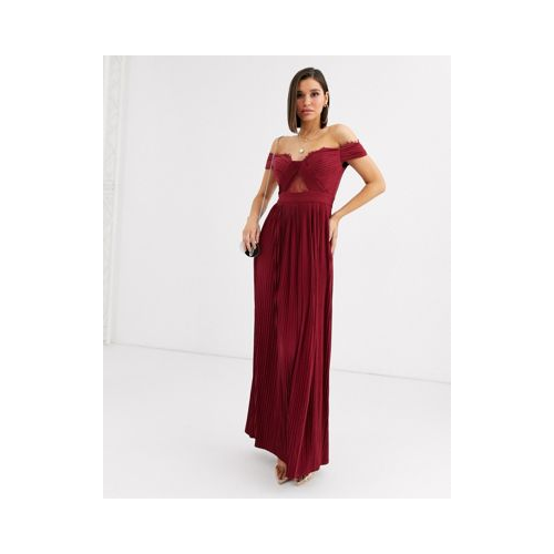 Темно-бордовое плиссированное платье макси с кружевом и открытыми плечами ASOS DESIGN Premium Красный