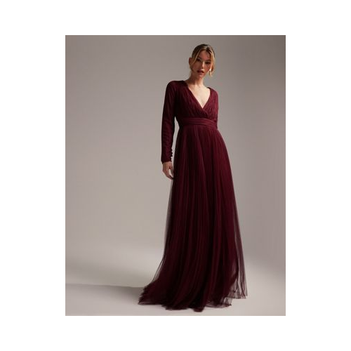 Темно-бордовое присборенное платье макси с длинными рукавами и юбкой из плиссированного тюля ASOS DESIGN Bridesmaid Красный